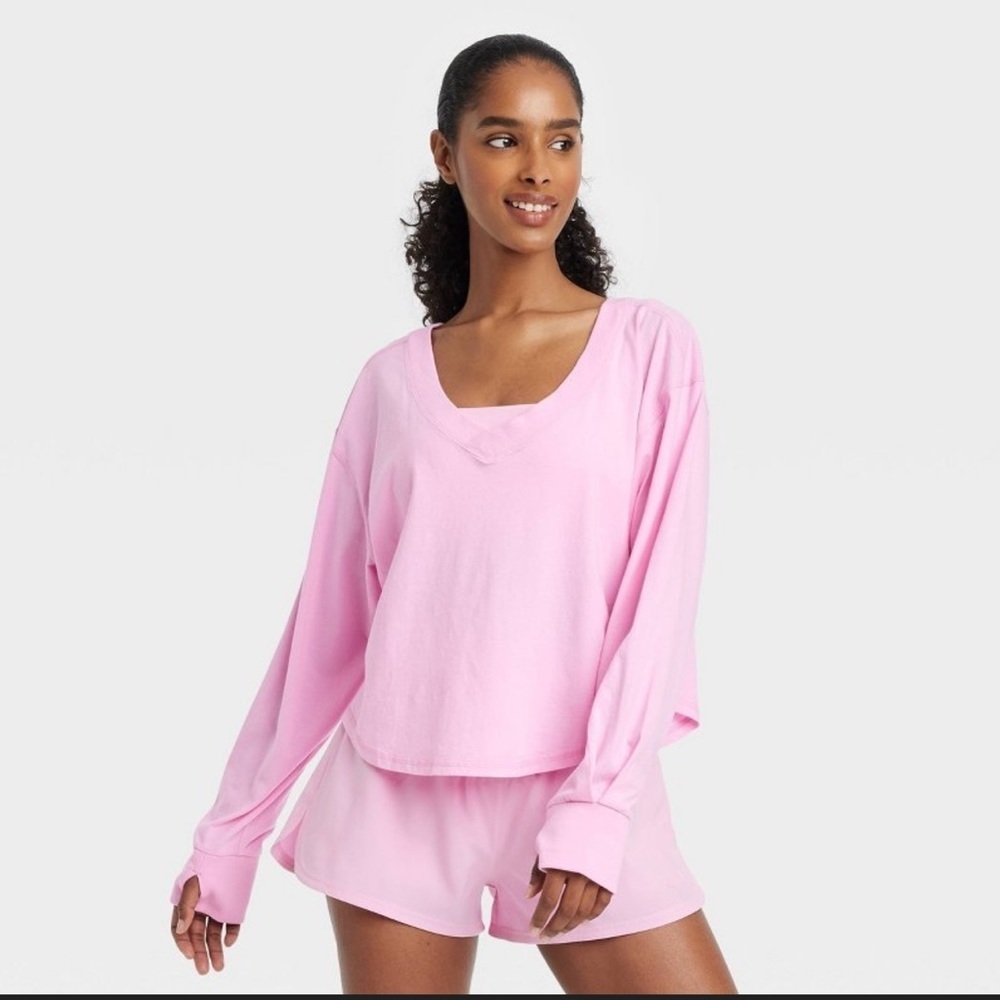 JoyLab V Neck Long Sleeve Pullover Top Pink Womens Size XL